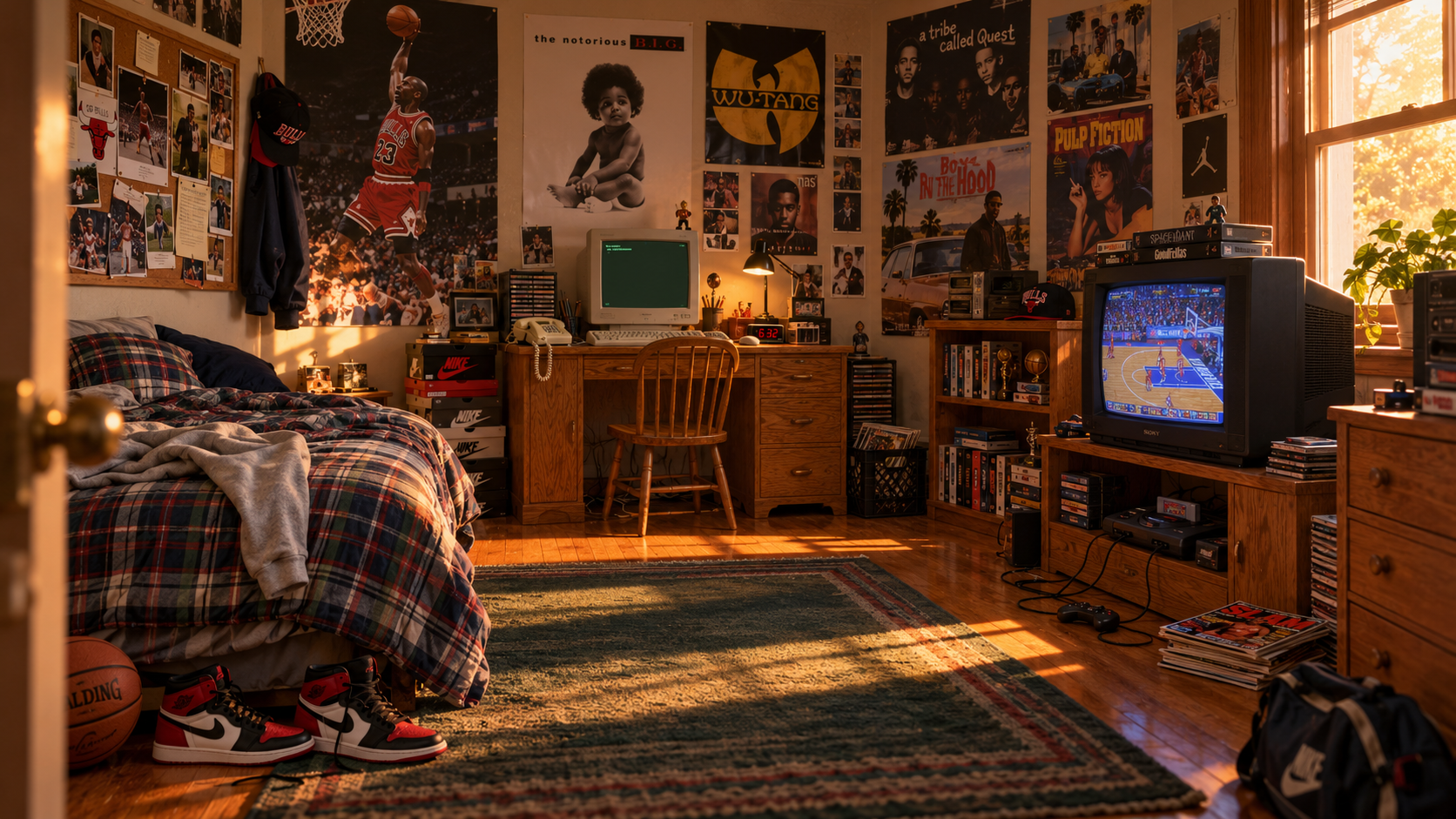A sunlit 1990s bedroom with basketball posters, sneakers, a beige computer, and a CRT television.